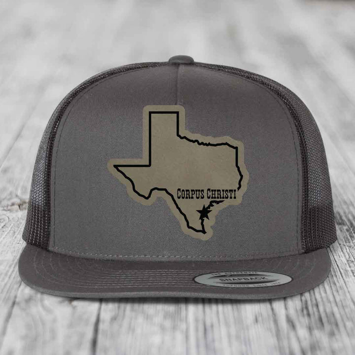Corpus Christi Texas (Clean) - Leather Patch Hat - Light Brown to Black Patch - Yupoong 6006 Snapback Flatbill Hat