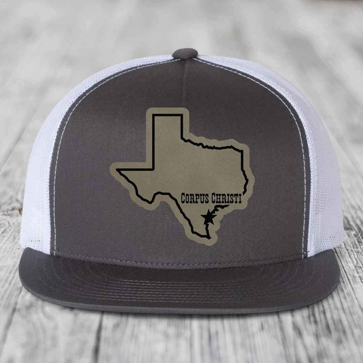 Corpus Christi Texas (Clean) - Leather Patch Hat - Light Brown to Black Patch - Yupoong 6006 Snapback Flatbill Hat