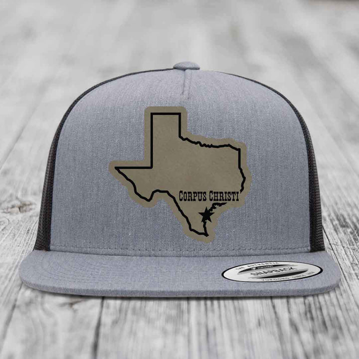 Corpus Christi Texas (Clean) - Leather Patch Hat - Light Brown to Black Patch - Yupoong 6006 Snapback Flatbill Hat