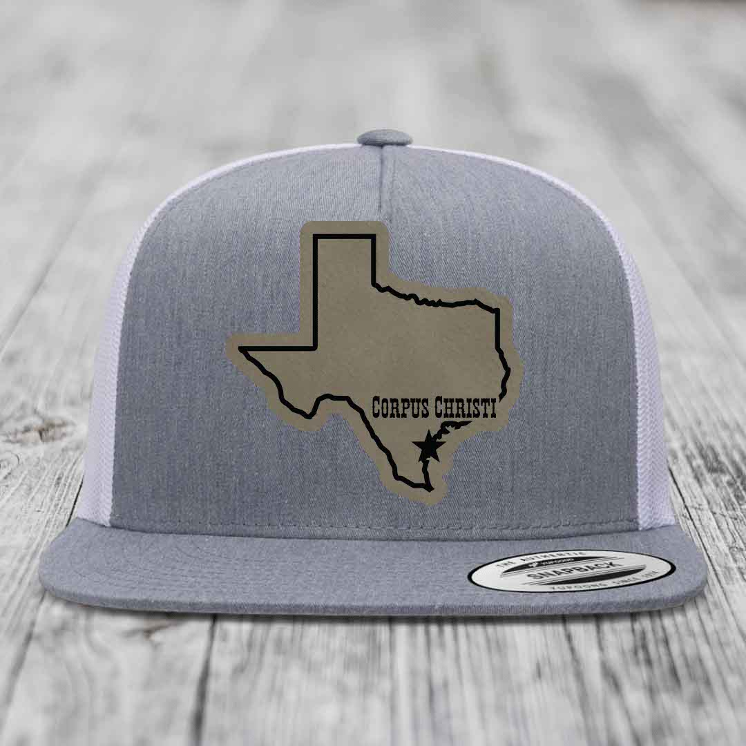 Corpus Christi Texas (Clean) - Leather Patch Hat - Light Brown to Black Patch - Yupoong 6006 Snapback Flatbill Hat