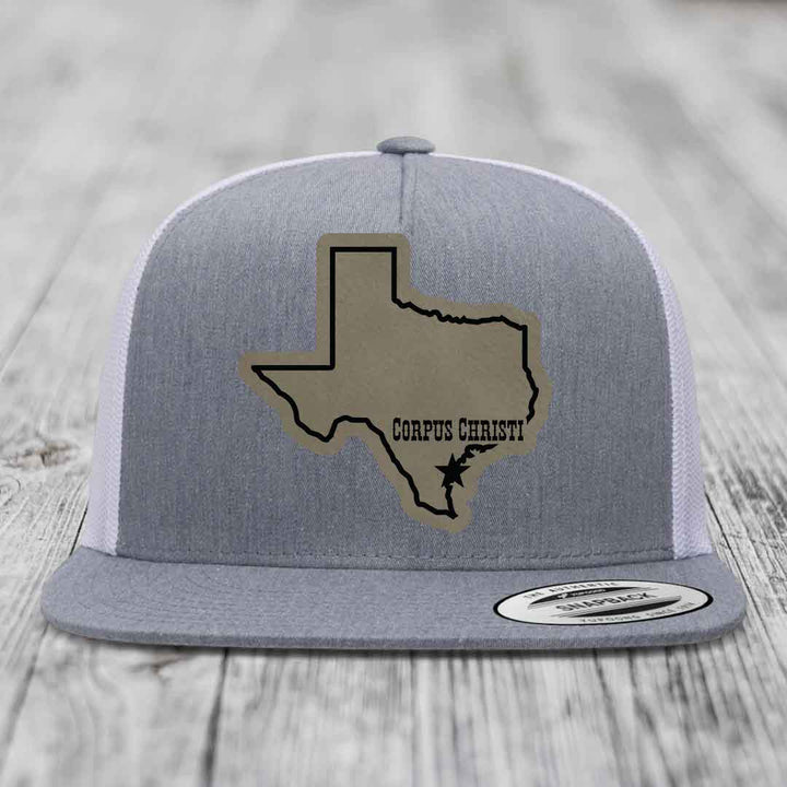 Corpus Christi Texas (Clean) - Leather Patch Hat - Light Brown to Black Patch - Yupoong 6006 Snapback Flatbill Hat