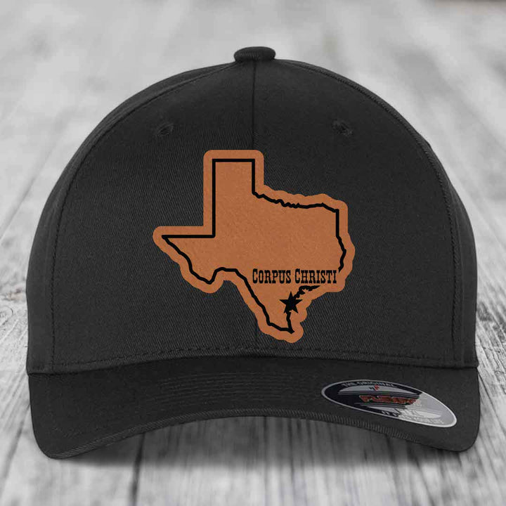 Corpus Christi Texas (Clean) - Leather Patch Hat - Rawhide to Black Patch - Flexfit 6277 Fitted Hat