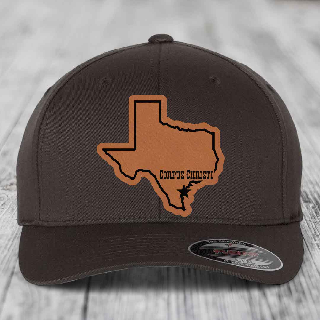 Corpus Christi Texas (Clean) - Leather Patch Hat - Rawhide to Black Patch - Flexfit 6277 Fitted Hat