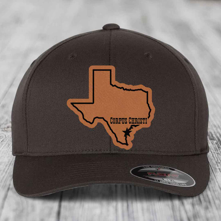 Corpus Christi Texas (Clean) - Leather Patch Hat - Rawhide to Black Patch - Flexfit 6277 Fitted Hat