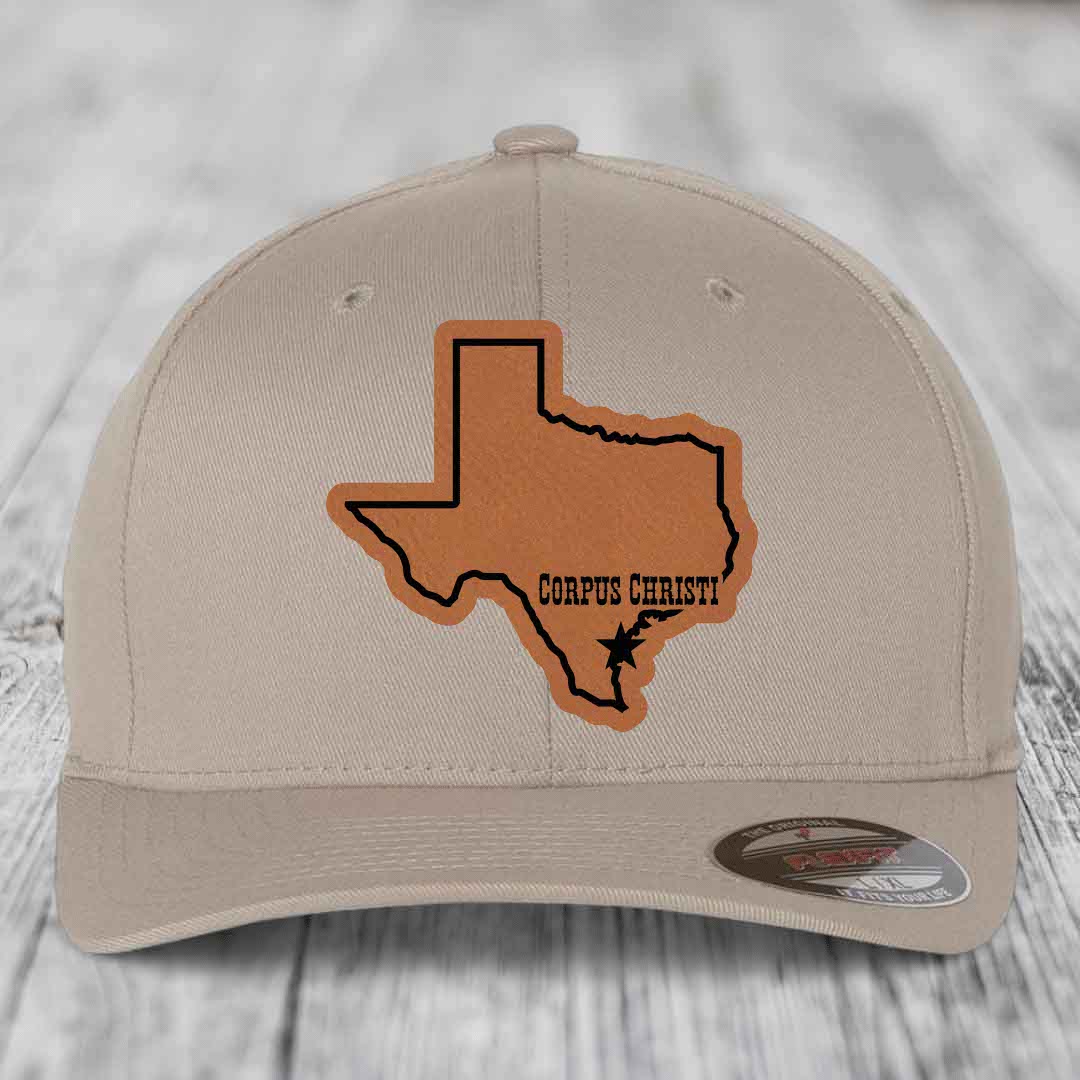 Corpus Christi Texas (Clean) - Leather Patch Hat - Rawhide to Black Patch - Flexfit 6277 Fitted Hat