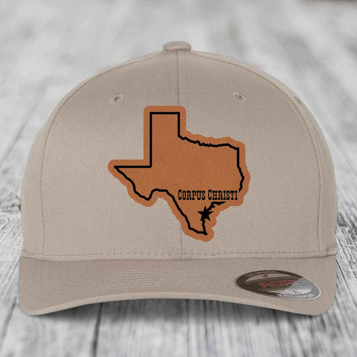 Corpus Christi Texas (Clean) - Leather Patch Hat - Rawhide to Black Patch - Flexfit 6277 Fitted Hat