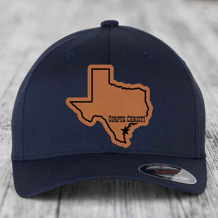 Corpus Christi Texas (Clean) - Leather Patch Hat - Rawhide to Black Patch - Flexfit 6277 Fitted Hat