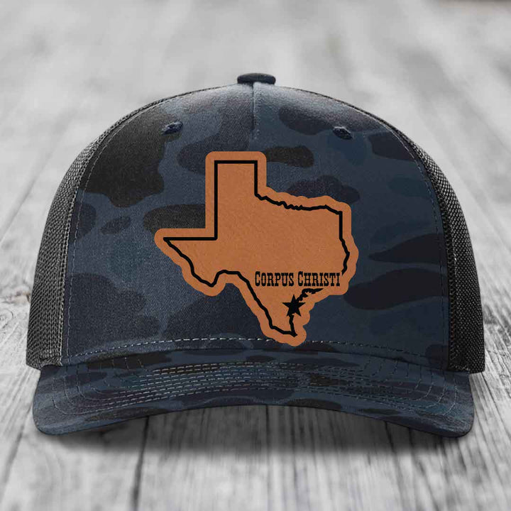 Corpus Christi Texas (Clean) - Leather Patch Hat - Rawhide to Black Patch - Richardson 112PFP Snapback Trucker Hat