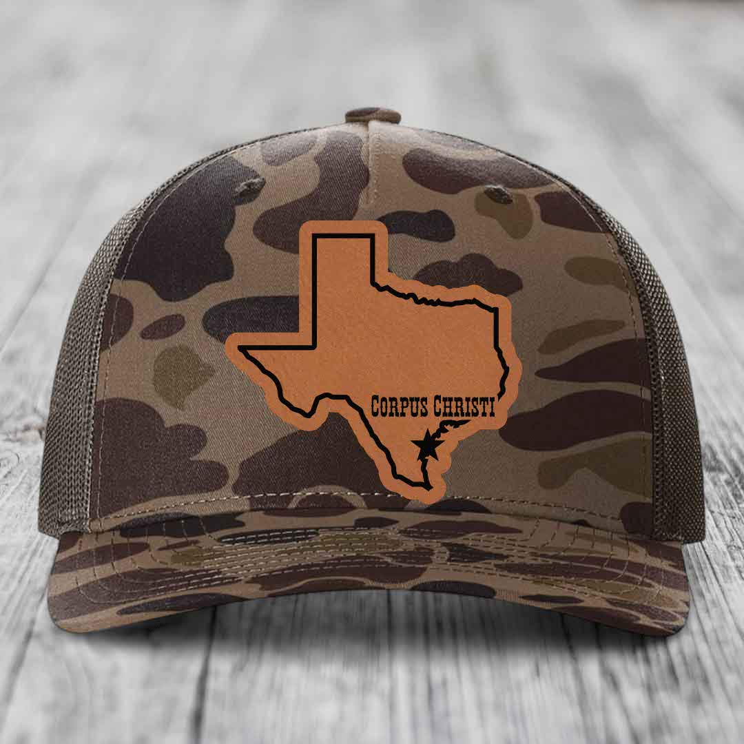 Corpus Christi Texas (Clean) - Leather Patch Hat - Rawhide to Black Patch - Richardson 112PFP Snapback Trucker Hat