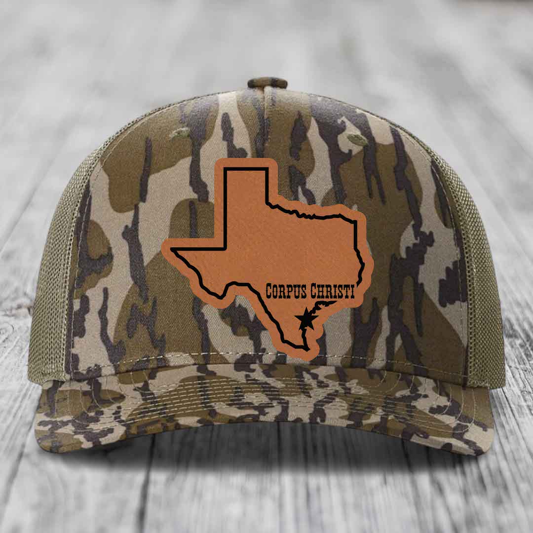 Corpus Christi Texas (Clean) - Leather Patch Hat - Rawhide to Black Patch - Richardson 112PFP Snapback Trucker Hat