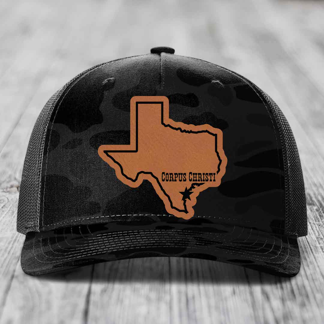 Corpus Christi Texas (Clean) - Leather Patch Hat - Rawhide to Black Patch - Richardson 112PFP Snapback Trucker Hat