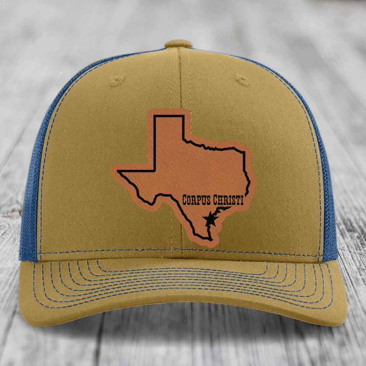 Corpus Christi Texas (Clean) - Leather Patch Hat - Rawhide to Black Patch - Richardson 112 Snapback Trucker Hat