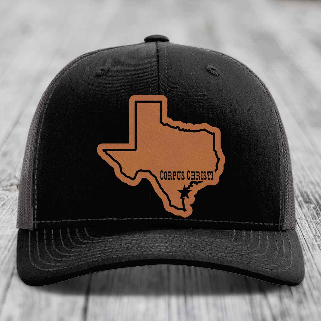 Corpus Christi Texas (Clean) - Leather Patch Hat - Rawhide to Black Patch - Richardson 112 Snapback Trucker Hat