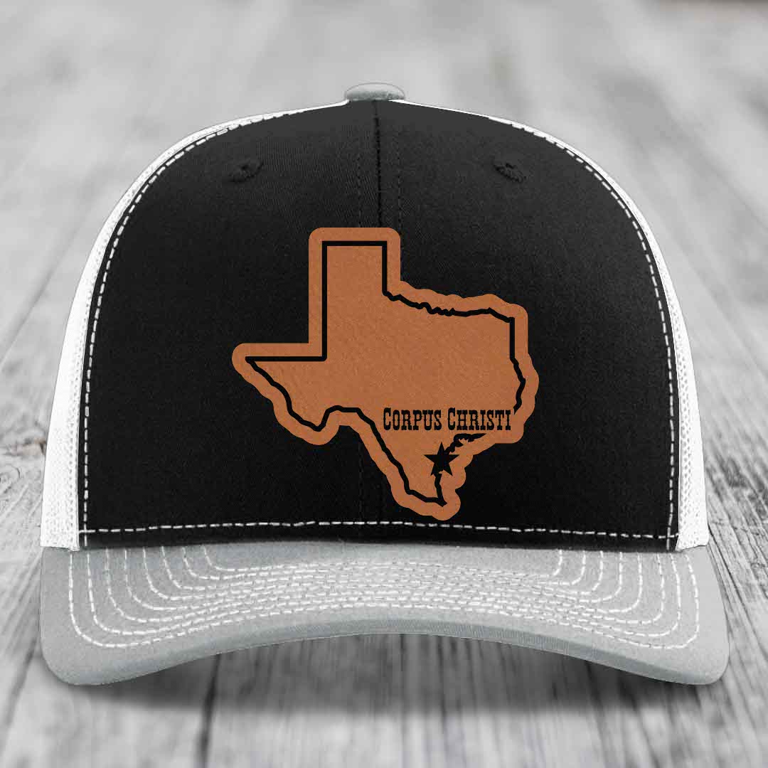 Corpus Christi Texas (Clean) - Leather Patch Hat - Rawhide to Black Patch - Richardson 112 Snapback Trucker Hat