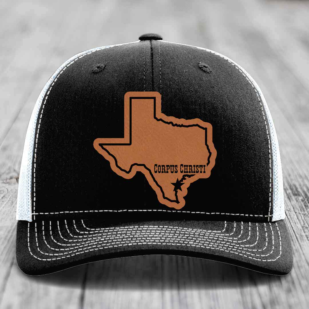 Corpus Christi Texas (Clean) - Leather Patch Hat - Rawhide to Black Patch - Richardson 112 Snapback Trucker Hat