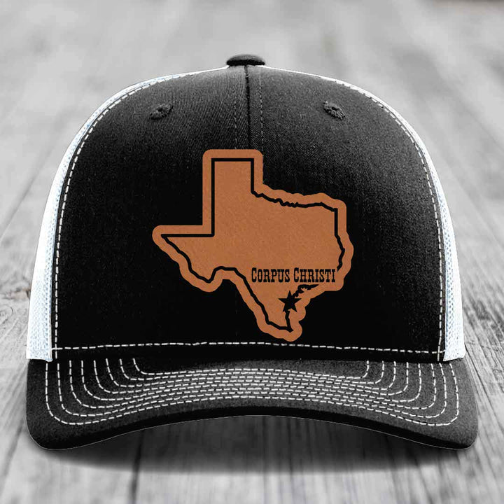 Corpus Christi Texas (Clean) - Leather Patch Hat - Rawhide to Black Patch - Richardson 112 Snapback Trucker Hat