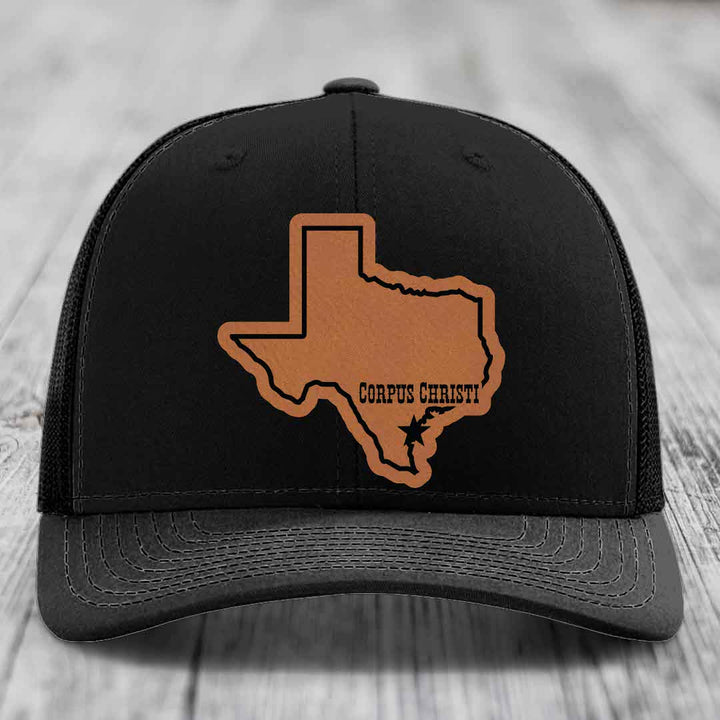 Corpus Christi Texas (Clean) - Leather Patch Hat - Rawhide to Black Patch - Richardson 112 Snapback Trucker Hat