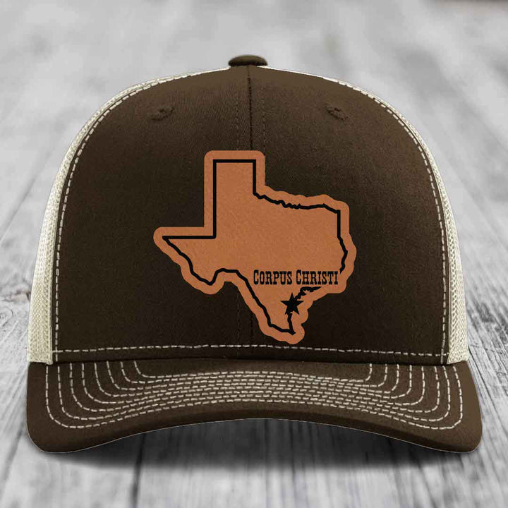 Corpus Christi Texas (Clean) - Leather Patch Hat - Rawhide to Black Patch - Richardson 112 Snapback Trucker Hat