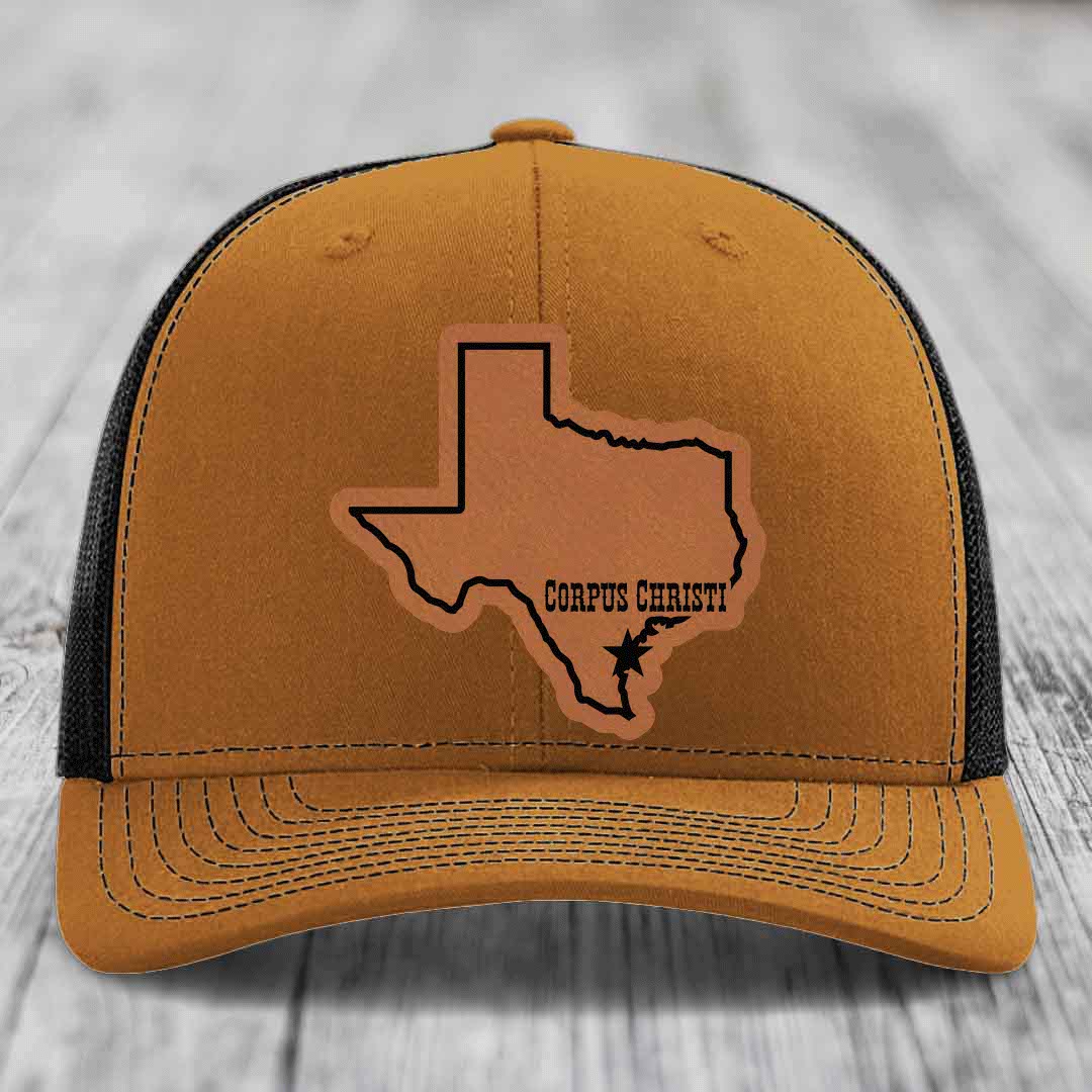 Corpus Christi Texas (Clean) - Leather Patch Hat - Rawhide to Black Patch - Richardson 112 Snapback Trucker Hat