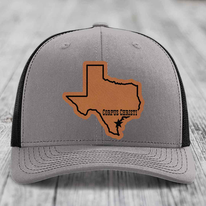 Corpus Christi Texas (Clean) - Leather Patch Hat - Rawhide to Black Patch - Richardson 112 Snapback Trucker Hat