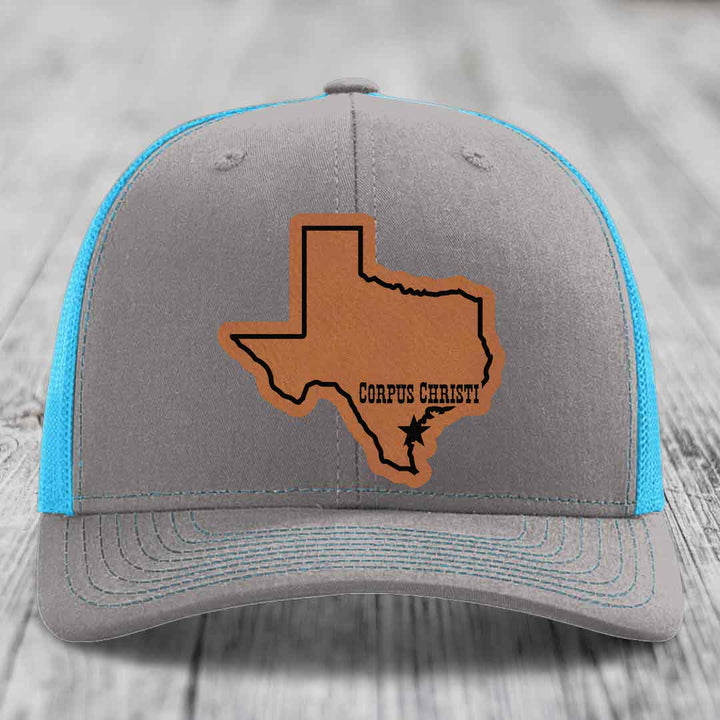 Corpus Christi Texas (Clean) - Leather Patch Hat - Rawhide to Black Patch - Richardson 112 Snapback Trucker Hat