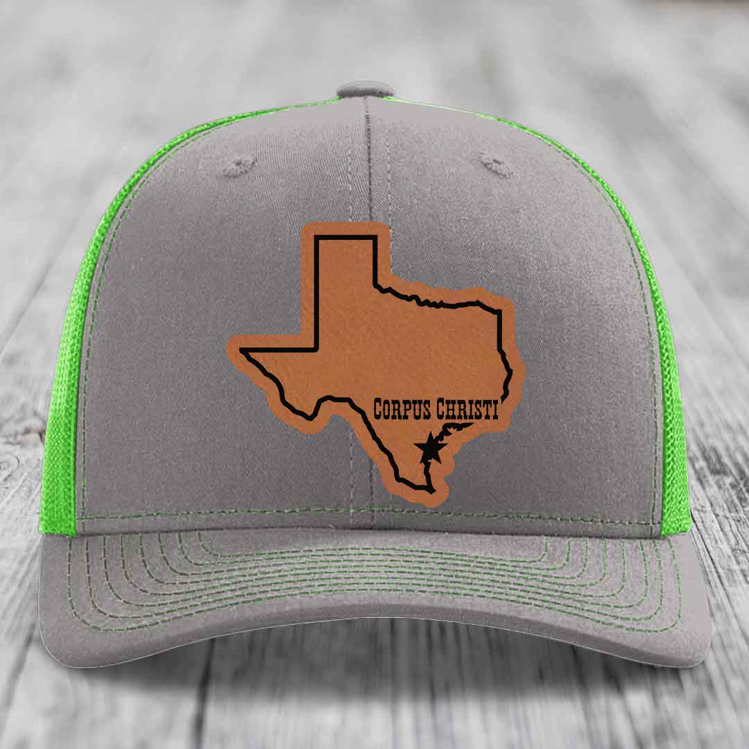 Corpus Christi Texas (Clean) - Leather Patch Hat - Rawhide to Black Patch - Richardson 112 Snapback Trucker Hat