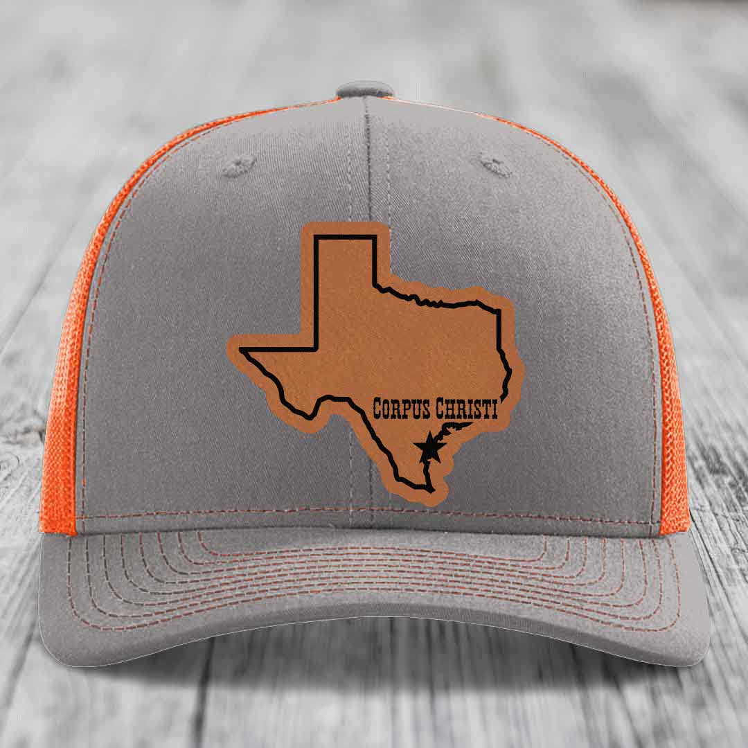 Corpus Christi Texas (Clean) - Leather Patch Hat - Rawhide to Black Patch - Richardson 112 Snapback Trucker Hat