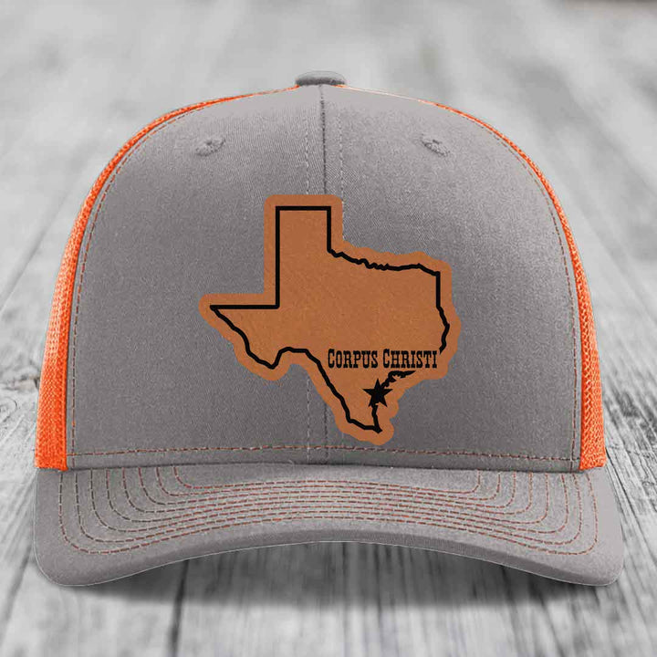 Corpus Christi Texas (Clean) - Leather Patch Hat - Rawhide to Black Patch - Richardson 112 Snapback Trucker Hat
