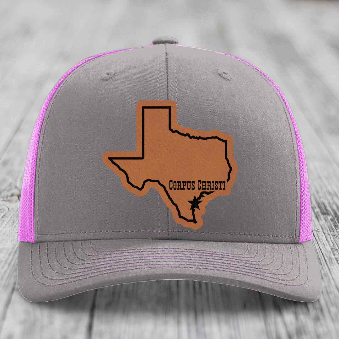 Corpus Christi Texas (Clean) - Leather Patch Hat - Rawhide to Black Patch - Richardson 112 Snapback Trucker Hat