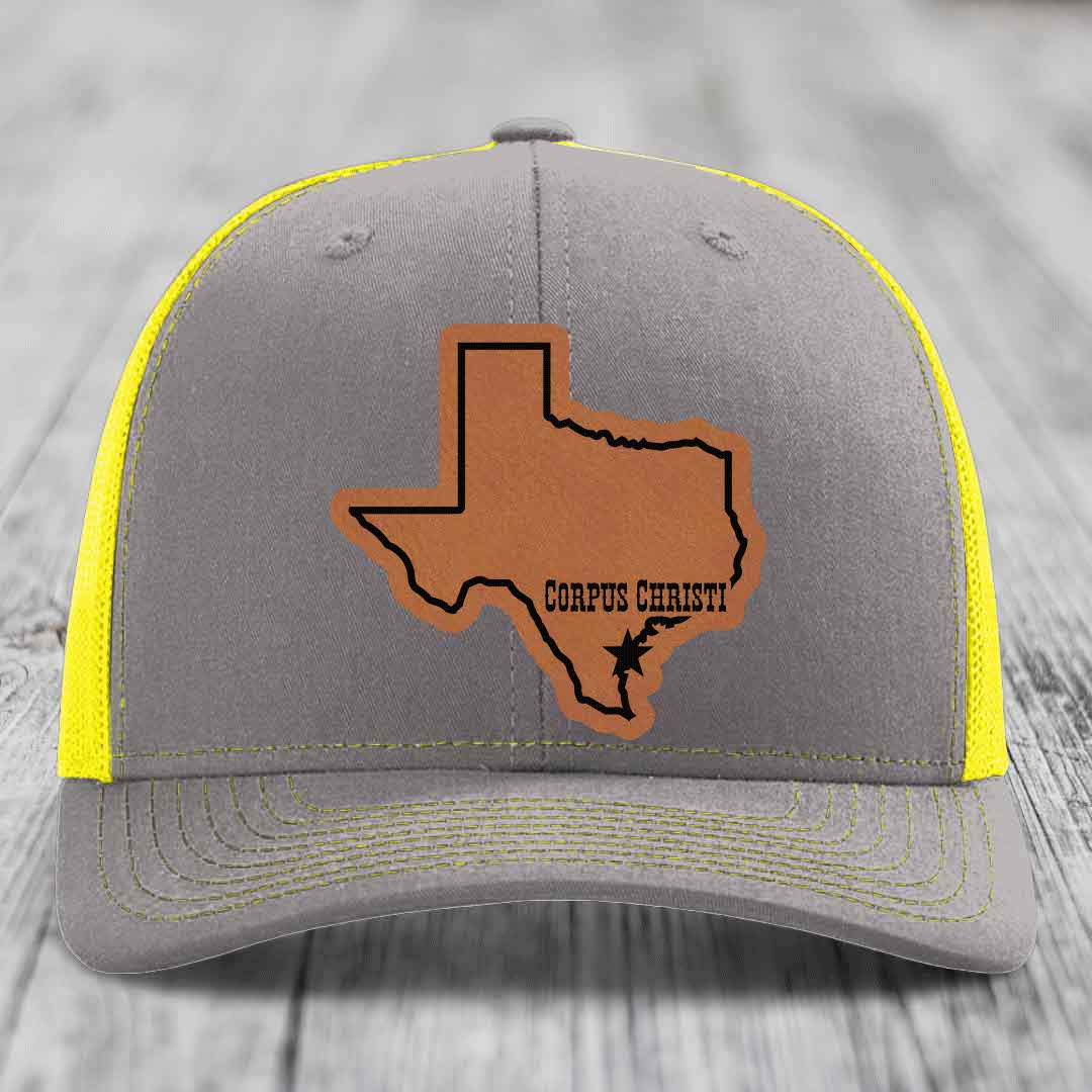 Corpus Christi Texas (Clean) - Leather Patch Hat - Rawhide to Black Patch - Richardson 112 Snapback Trucker Hat