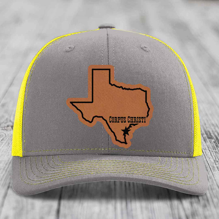 Corpus Christi Texas (Clean) - Leather Patch Hat - Rawhide to Black Patch - Richardson 112 Snapback Trucker Hat