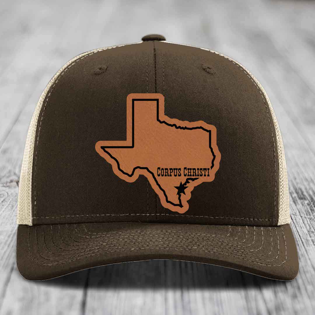 Corpus Christi Texas (Clean) - Leather Patch Hat - Rawhide to Black Patch - Richardson 112 Snapback Trucker Hat