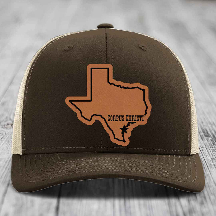 Corpus Christi Texas (Clean) - Leather Patch Hat - Rawhide to Black Patch - Richardson 112 Snapback Trucker Hat