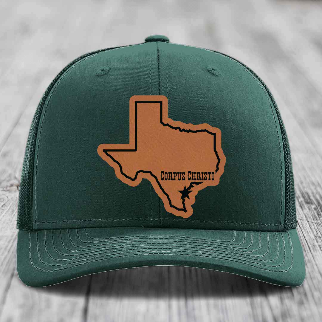 Corpus Christi Texas (Clean) - Leather Patch Hat - Rawhide to Black Patch - Richardson 112 Snapback Trucker Hat