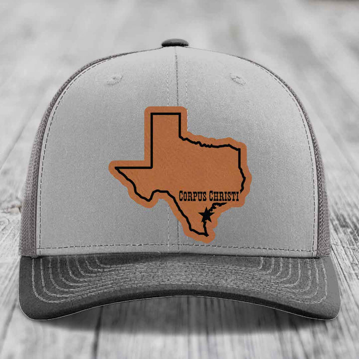 Corpus Christi Texas (Clean) - Leather Patch Hat - Rawhide to Black Patch - Richardson 112 Snapback Trucker Hat