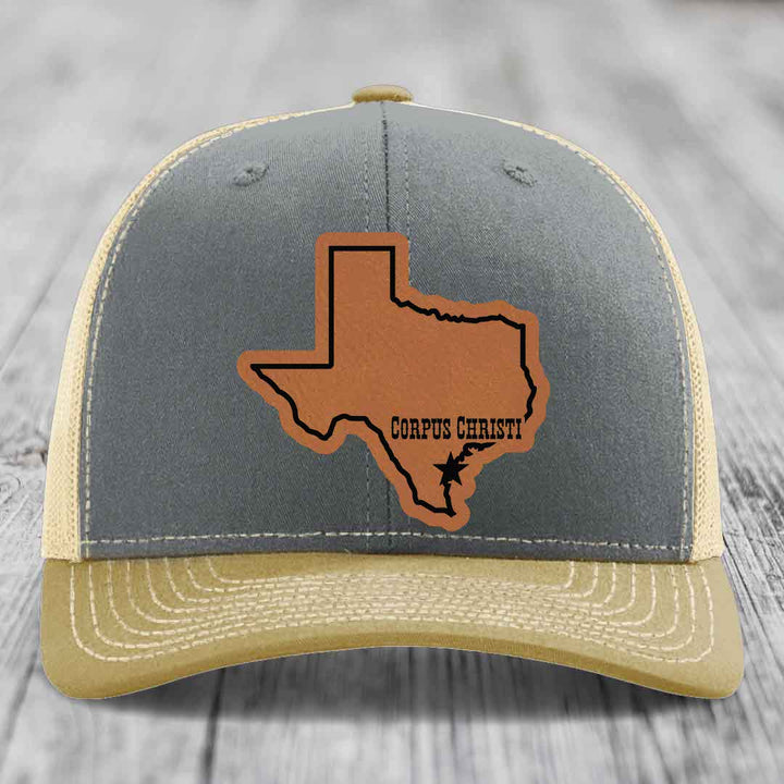Corpus Christi Texas (Clean) - Leather Patch Hat - Rawhide to Black Patch - Richardson 112 Snapback Trucker Hat
