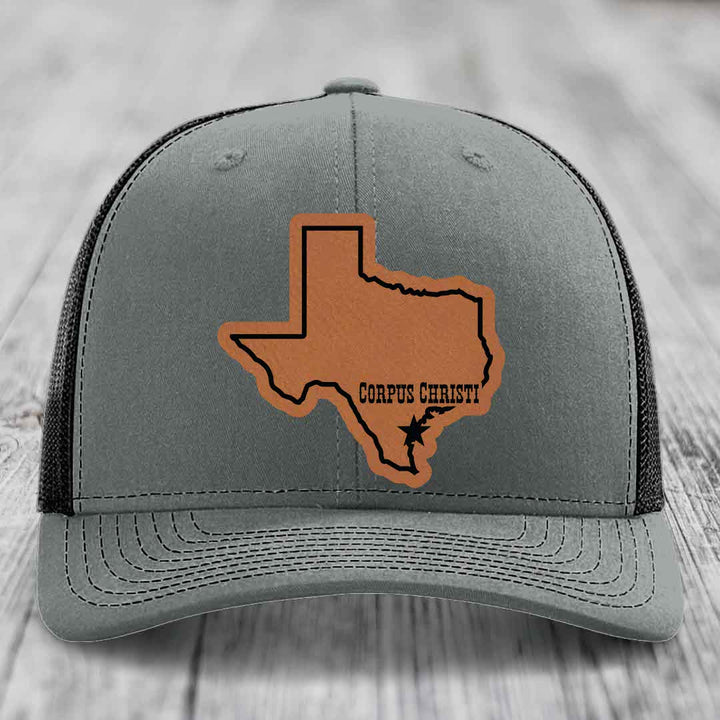 Corpus Christi Texas (Clean) - Leather Patch Hat - Rawhide to Black Patch - Richardson 112 Snapback Trucker Hat