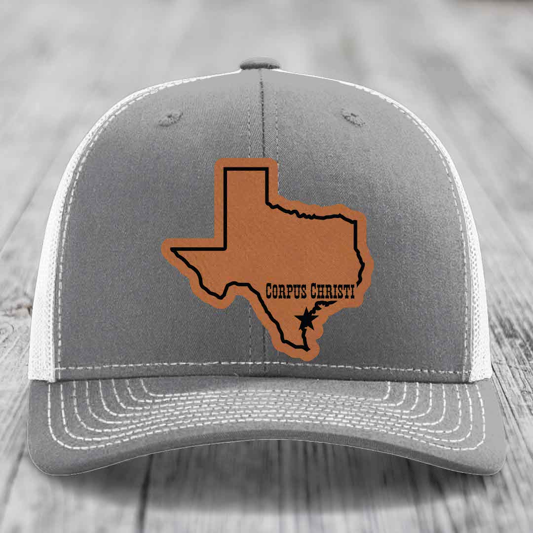 Corpus Christi Texas (Clean) - Leather Patch Hat - Rawhide to Black Patch - Richardson 112 Snapback Trucker Hat