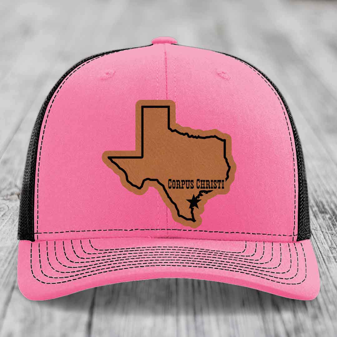 Corpus Christi Texas (Clean) - Leather Patch Hat - Rawhide to Black Patch - Richardson 112 Snapback Trucker Hat