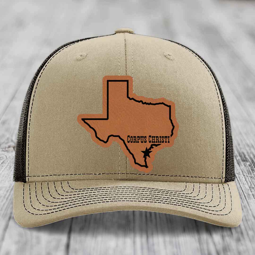 Corpus Christi Texas (Clean) - Leather Patch Hat - Rawhide to Black Patch - Richardson 112 Snapback Trucker Hat