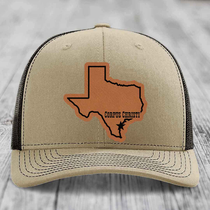 Corpus Christi Texas (Clean) - Leather Patch Hat - Rawhide to Black Patch - Richardson 112 Snapback Trucker Hat