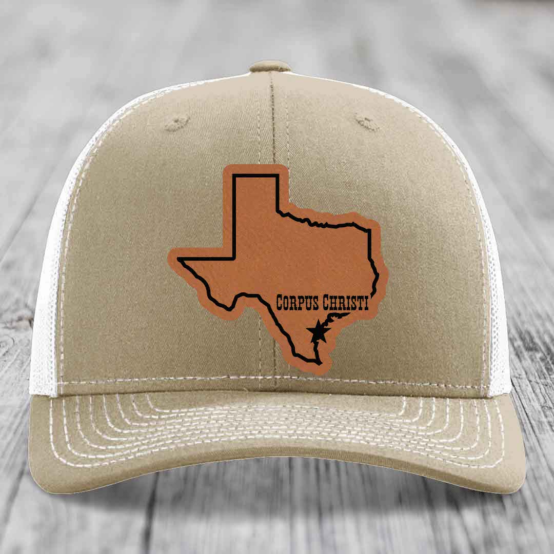 Corpus Christi Texas (Clean) - Leather Patch Hat - Rawhide to Black Patch - Richardson 112 Snapback Trucker Hat
