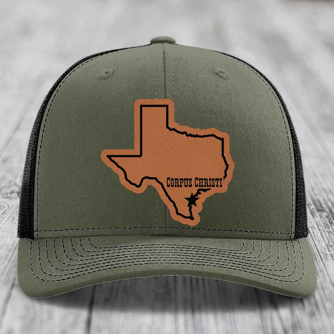 Corpus Christi Texas (Clean) - Leather Patch Hat - Rawhide to Black Patch - Richardson 112 Snapback Trucker Hat
