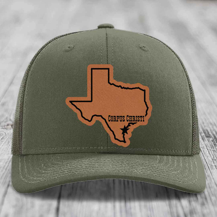 Corpus Christi Texas (Clean) - Leather Patch Hat - Rawhide to Black Patch - Richardson 112 Snapback Trucker Hat
