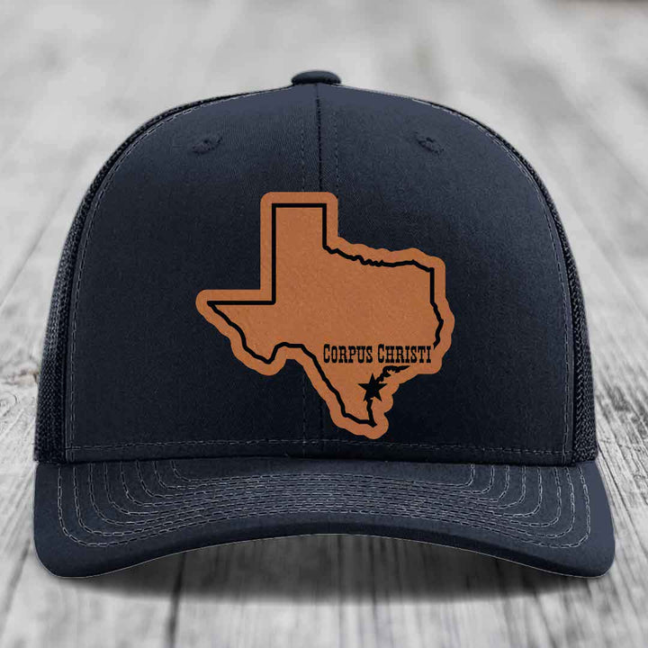 Corpus Christi Texas (Clean) - Leather Patch Hat - Rawhide to Black Patch - Richardson 112 Snapback Trucker Hat
