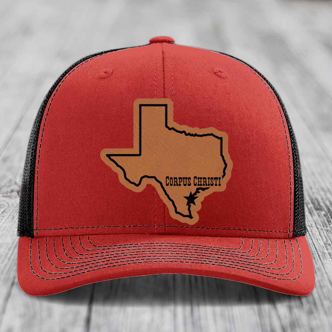 Corpus Christi Texas (Clean) - Leather Patch Hat - Rawhide to Black Patch - Richardson 112 Snapback Trucker Hat