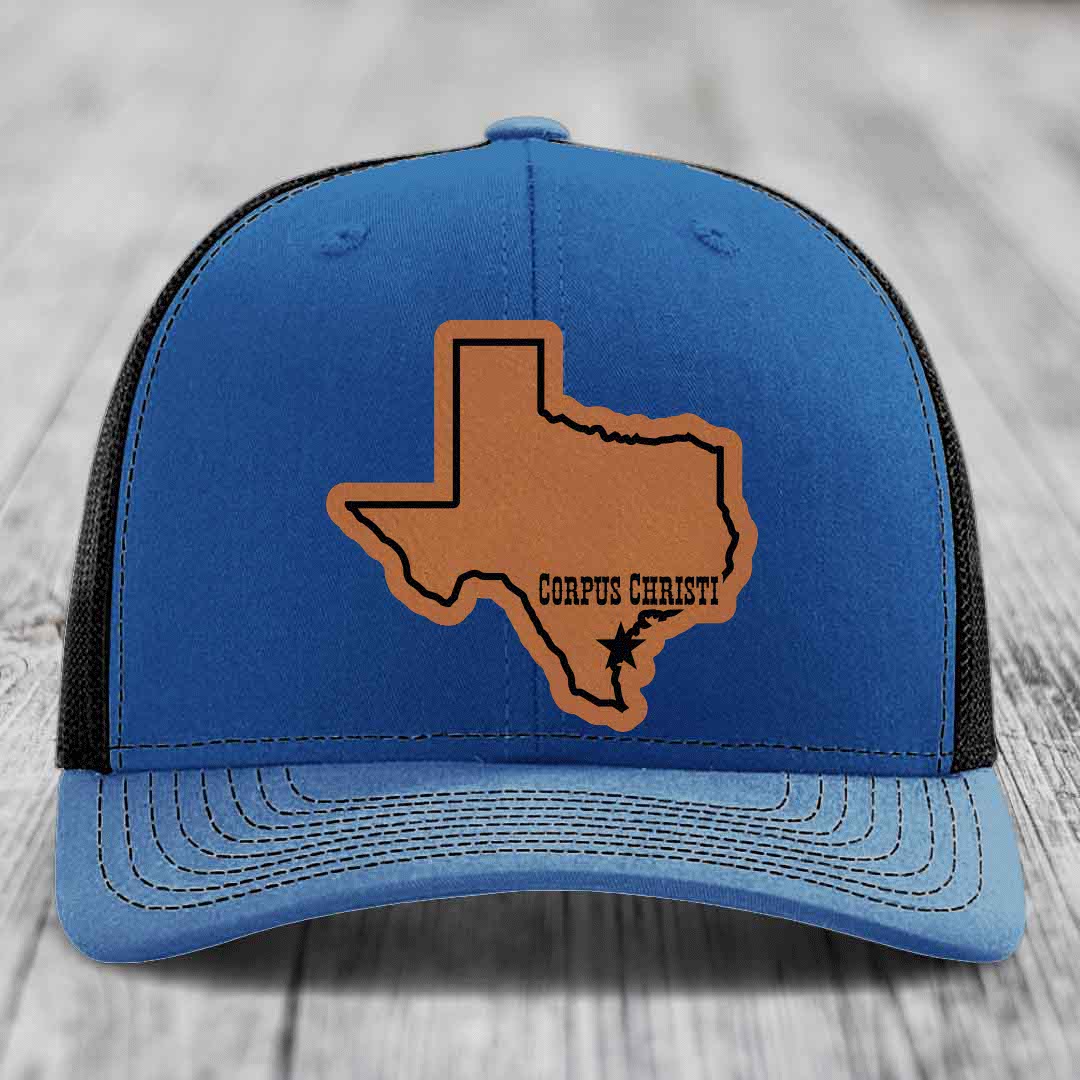 Corpus Christi Texas (Clean) - Leather Patch Hat - Rawhide to Black Patch - Richardson 112 Snapback Trucker Hat