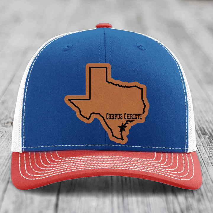 Corpus Christi Texas (Clean) - Leather Patch Hat - Rawhide to Black Patch - Richardson 112 Snapback Trucker Hat