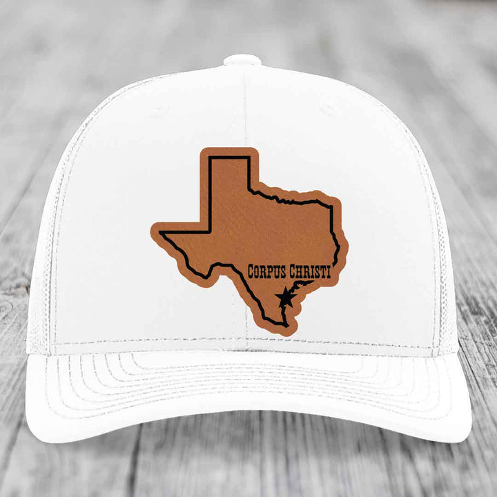 Corpus Christi Texas (Clean) - Leather Patch Hat - Rawhide to Black Patch - Richardson 112 Snapback Trucker Hat