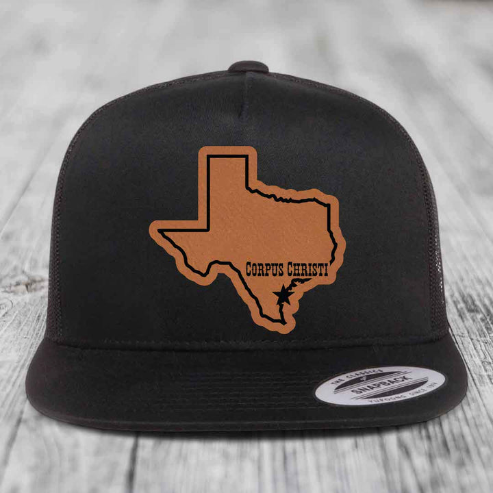 Corpus Christi Texas (Clean) - Leather Patch Hat - Rawhide to Black Patch - Yupoong 6006 Snapback Flatbill Hat